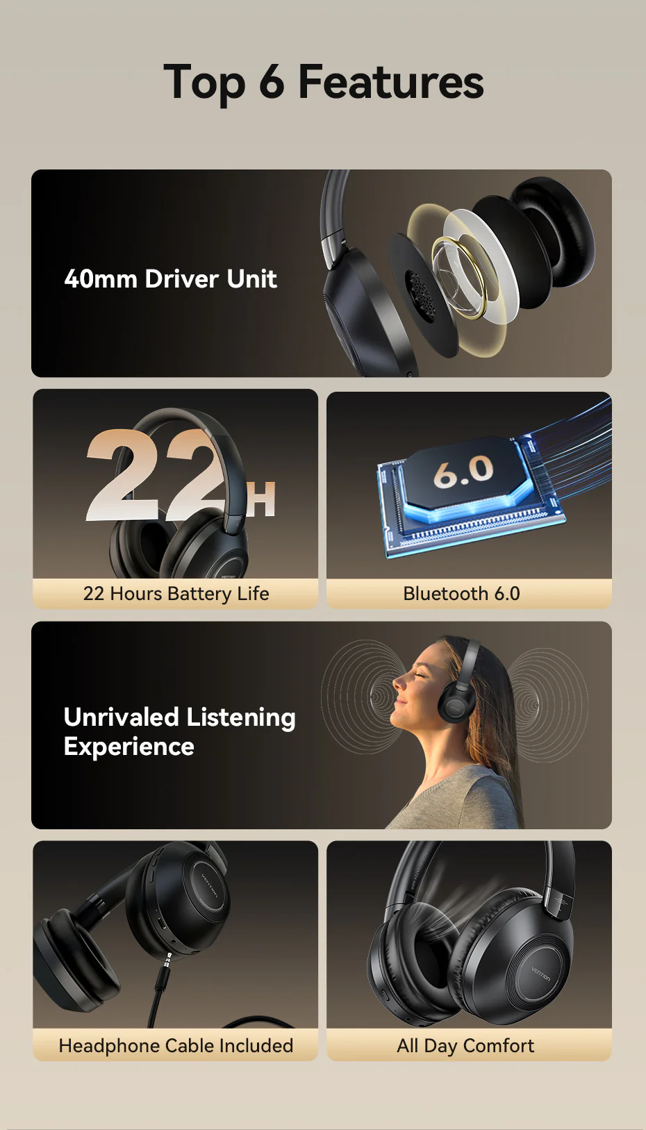 Vention SoundMate S11 Wireless On-Ear Headphones