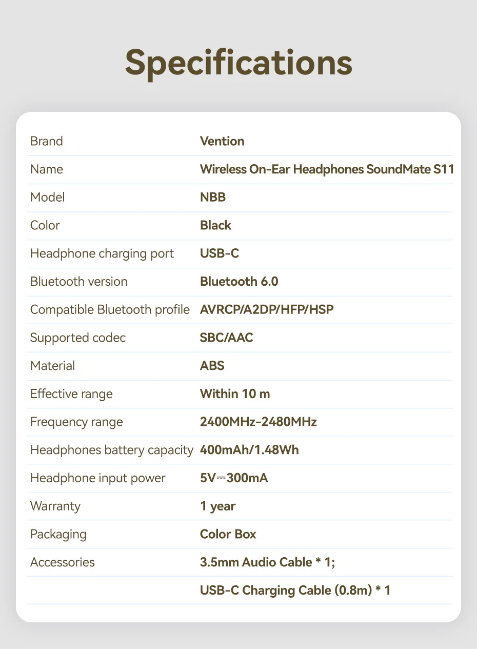 Vention SoundMate S11 Wireless On-Ear Headphones