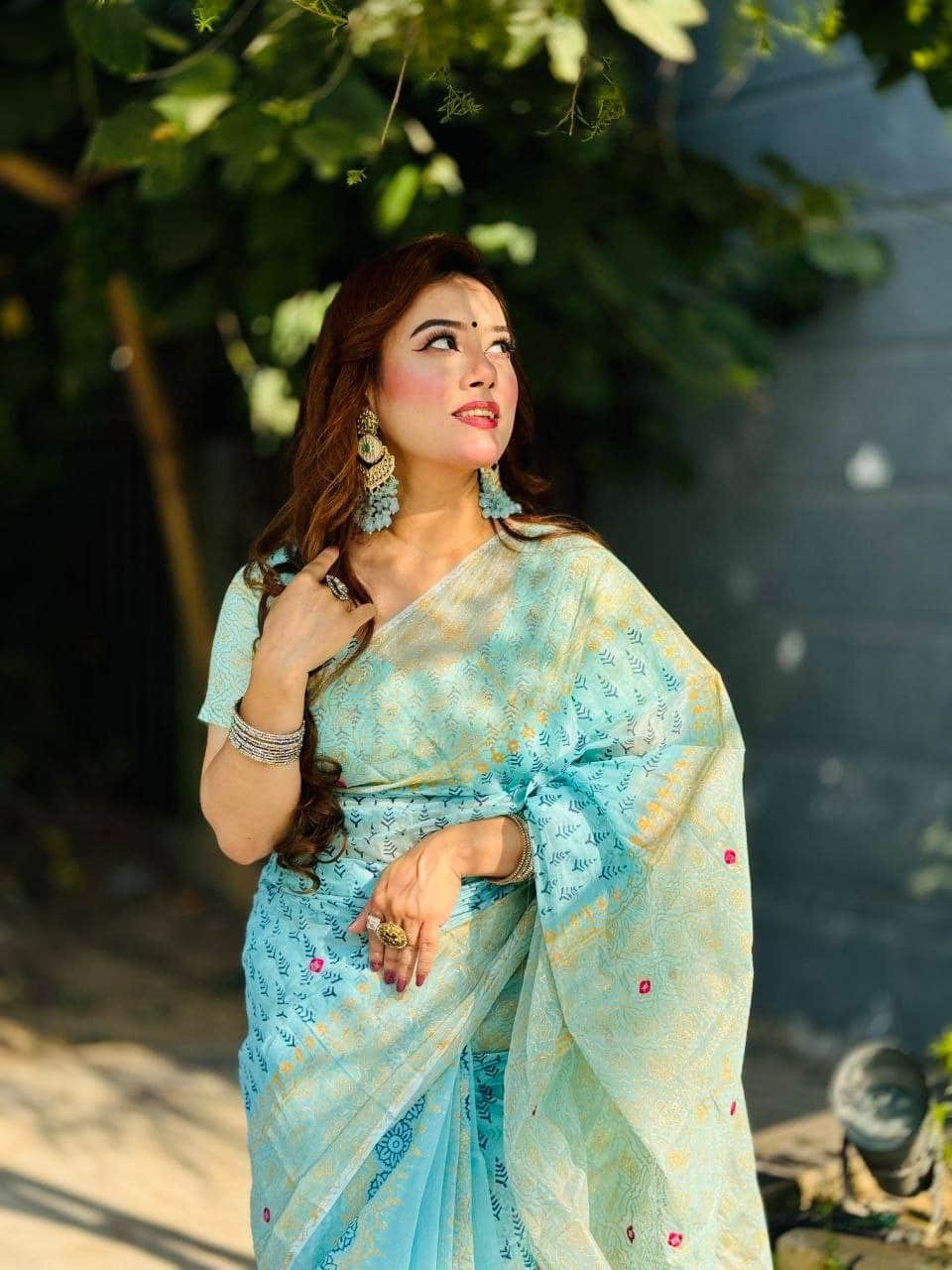 Elegant Semi Moslin Block Print Saree