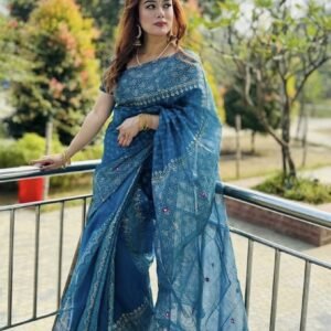 Elegant Semi Moslin Block Print Saree