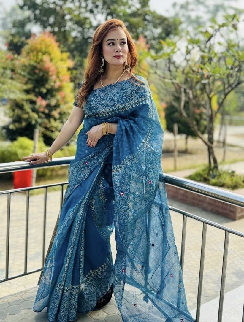 Elegant Semi Moslin Block Print Saree