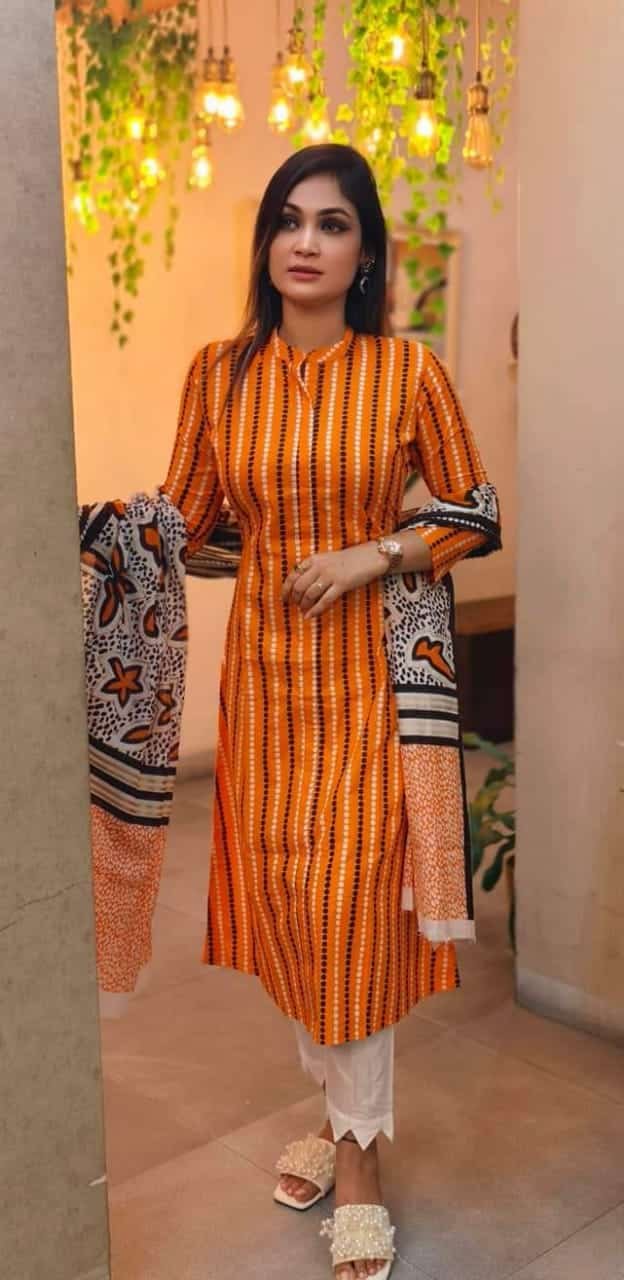 Premium Lilen Three Piece With Screen Print - Yellow