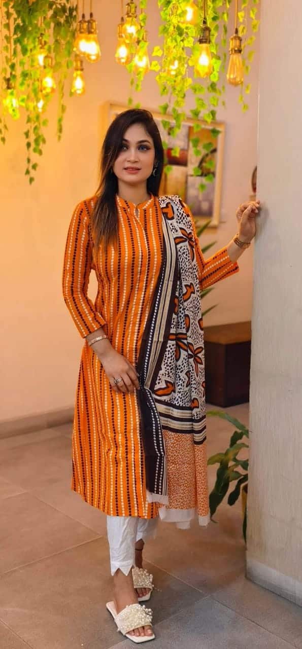 Premium Lilen Three Piece With Screen Print - Yellow