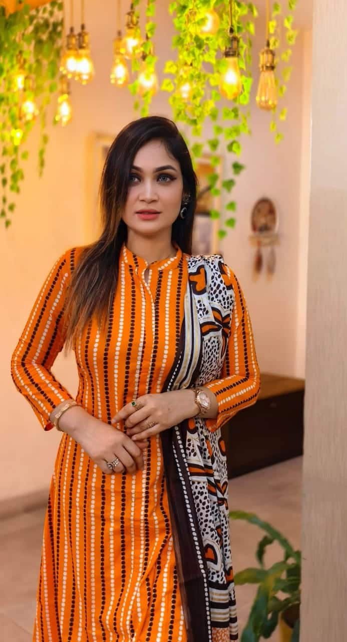 Premium Lilen Three Piece With Screen Print - Yellow