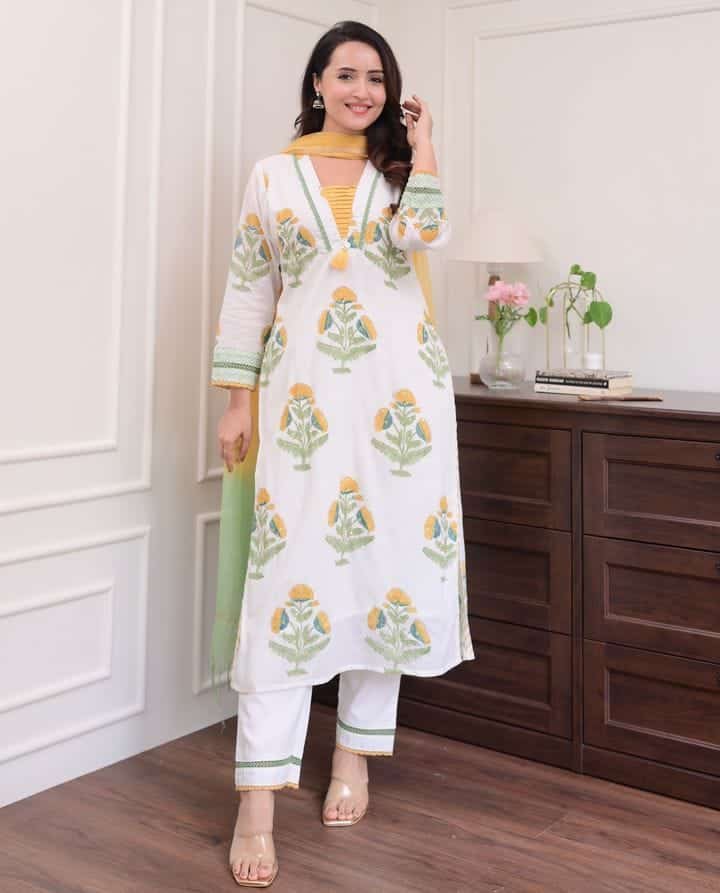 Premium Suti Three Piece Cotton Dress with Lace Work
