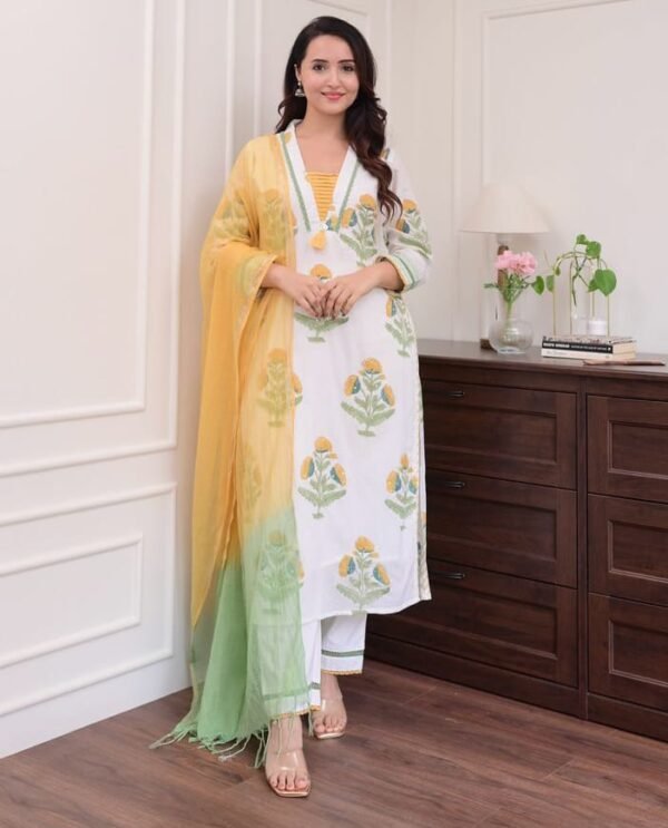 Premium Suti Three Piece Cotton Dress with Lace Work