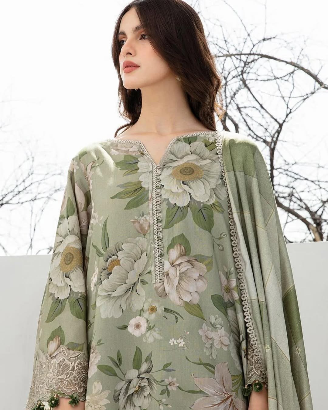 Elegant Olive Digital Print 3-Piece Dress for Women