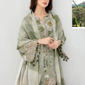 Elegant Olive Digital Print 3-Piece Dress for Women