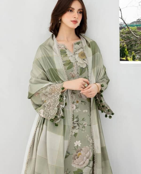 Elegant Olive Digital Print 3-Piece Dress for Women