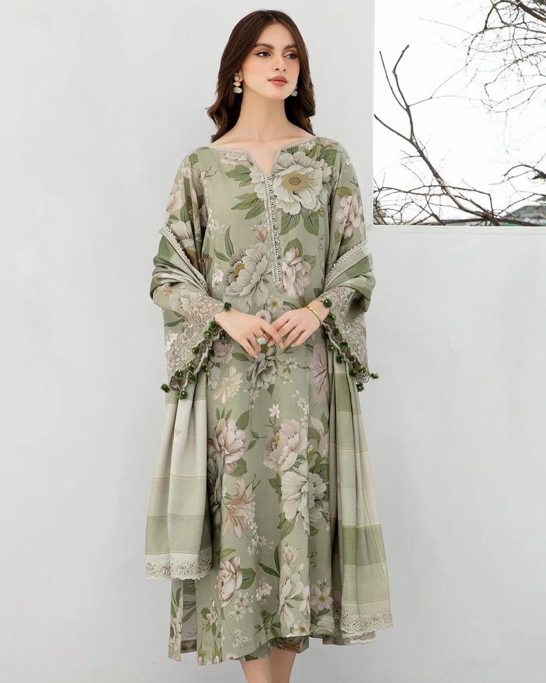 Elegant Olive Digital Print 3-Piece Dress for Women