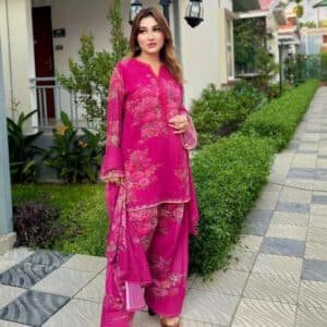 Elegant White Gold Georgette Three Piece