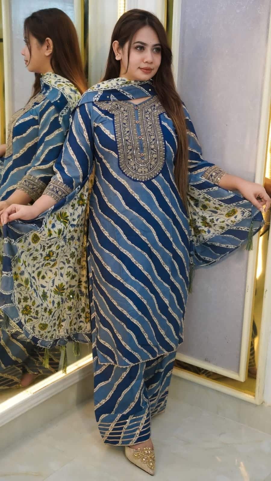 Readymade Cotton Three Piece withSequins Work