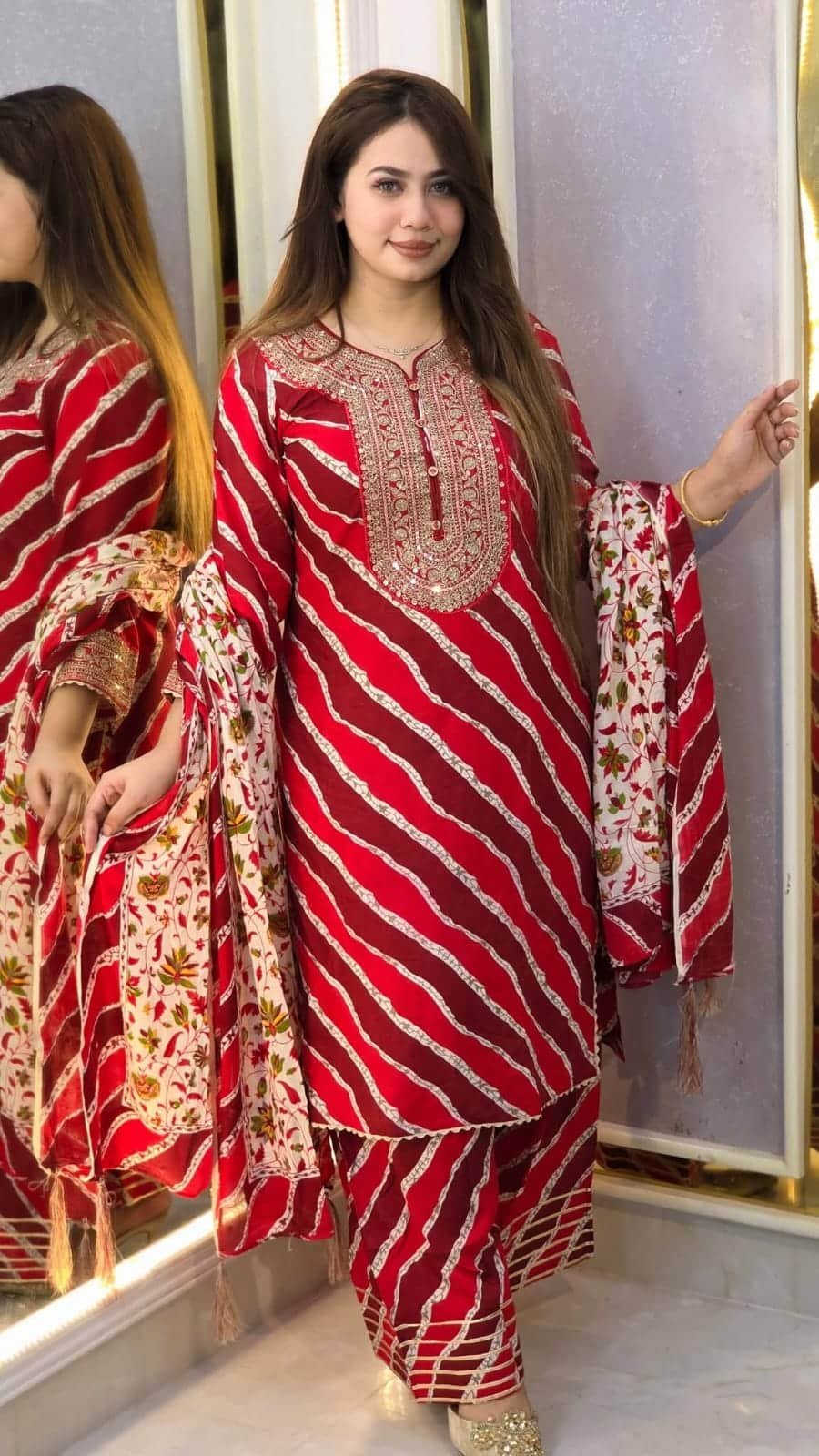 Readymade Cotton Three Piece withSequins Work