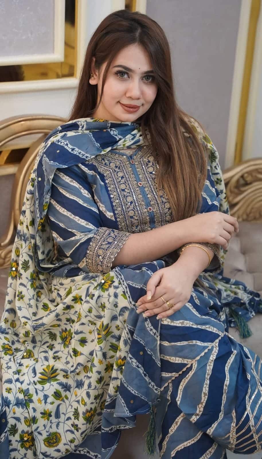 Readymade Cotton Three Piece withSequins Work